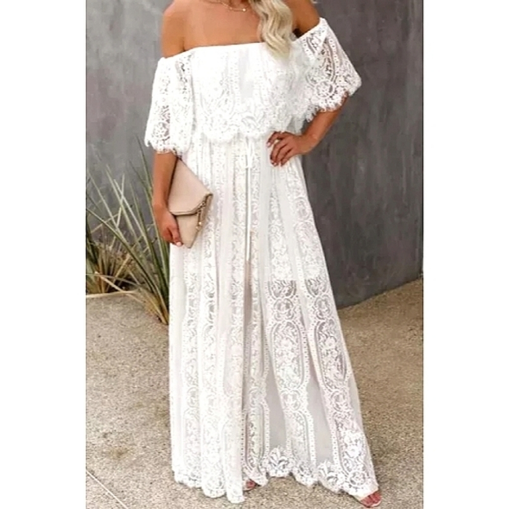 LAST ONE! Gorgeous White LILLIAN Off The Shoulder Boho Lace Bridal Maxi Dress - Picture 4 of 5